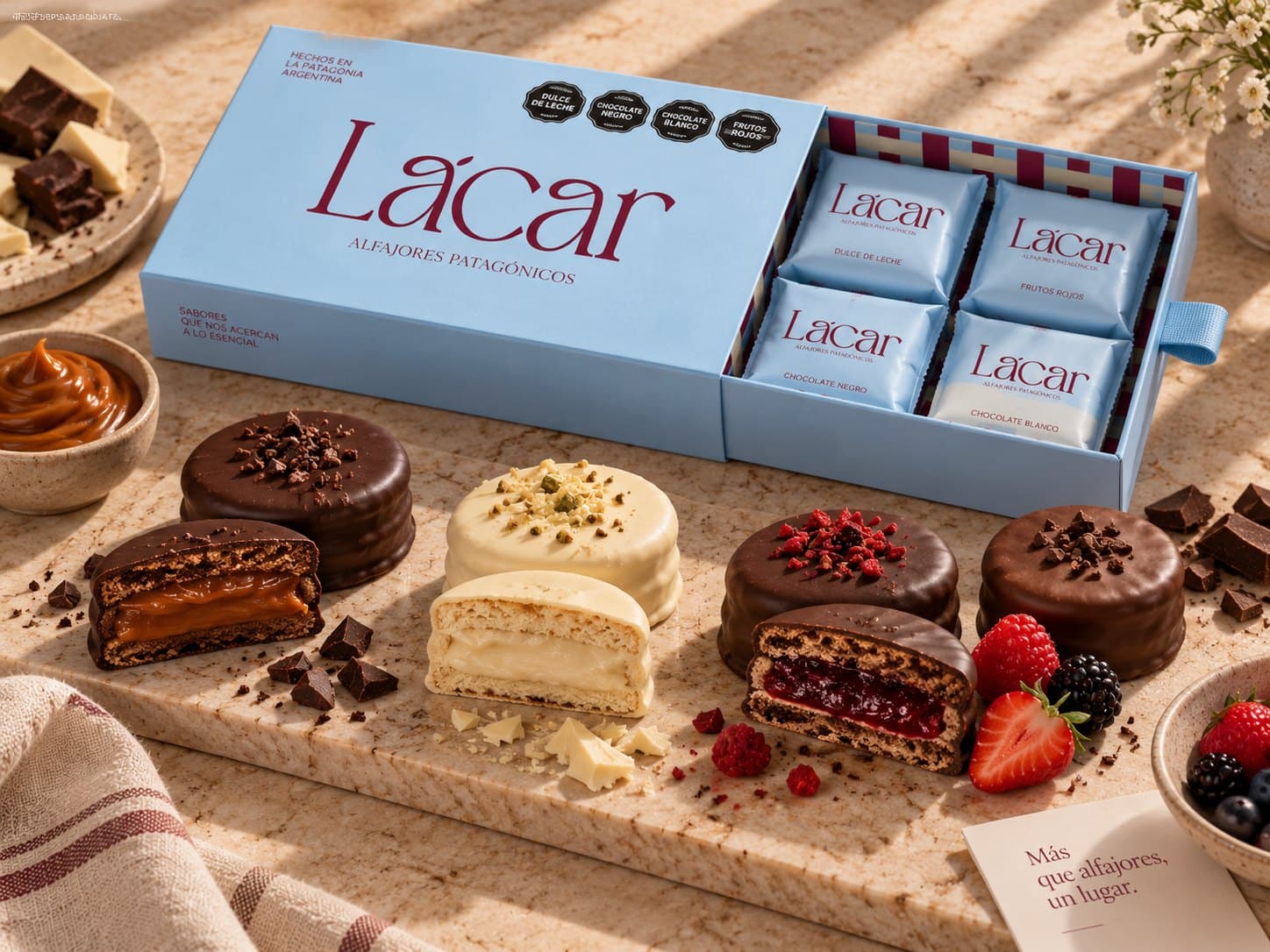 Caja de Lácar abierta con alfajores